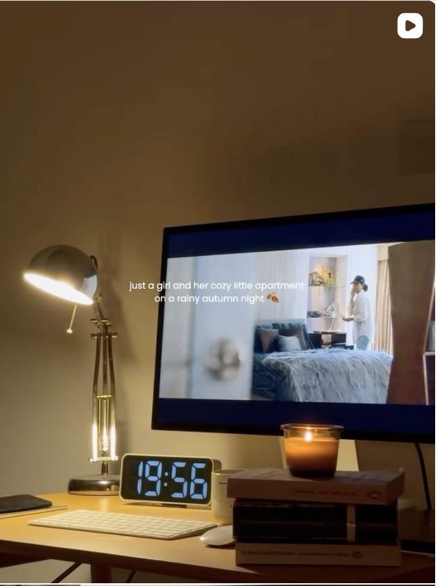 Warm desk lighting, a candle on stacked books and an evening film — from Ooud’s Instagram reel